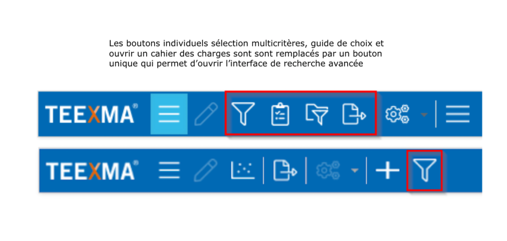 Les boutons individuels sélection multicritères, guide de choix et ouvrir un cahier des charges sont sont remplacés par un bouton unique qui permet d’ouvrir l’interface de recherche avancée