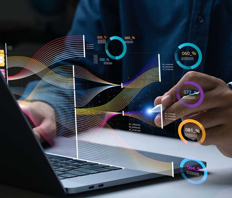 Des hommes d'affaires analysent et visualisent des informations complexes sur un écran virtuel en utilisant des fonctionnalités de business intelligence et IA pour traiter les données. Technologie du big data et science des données.