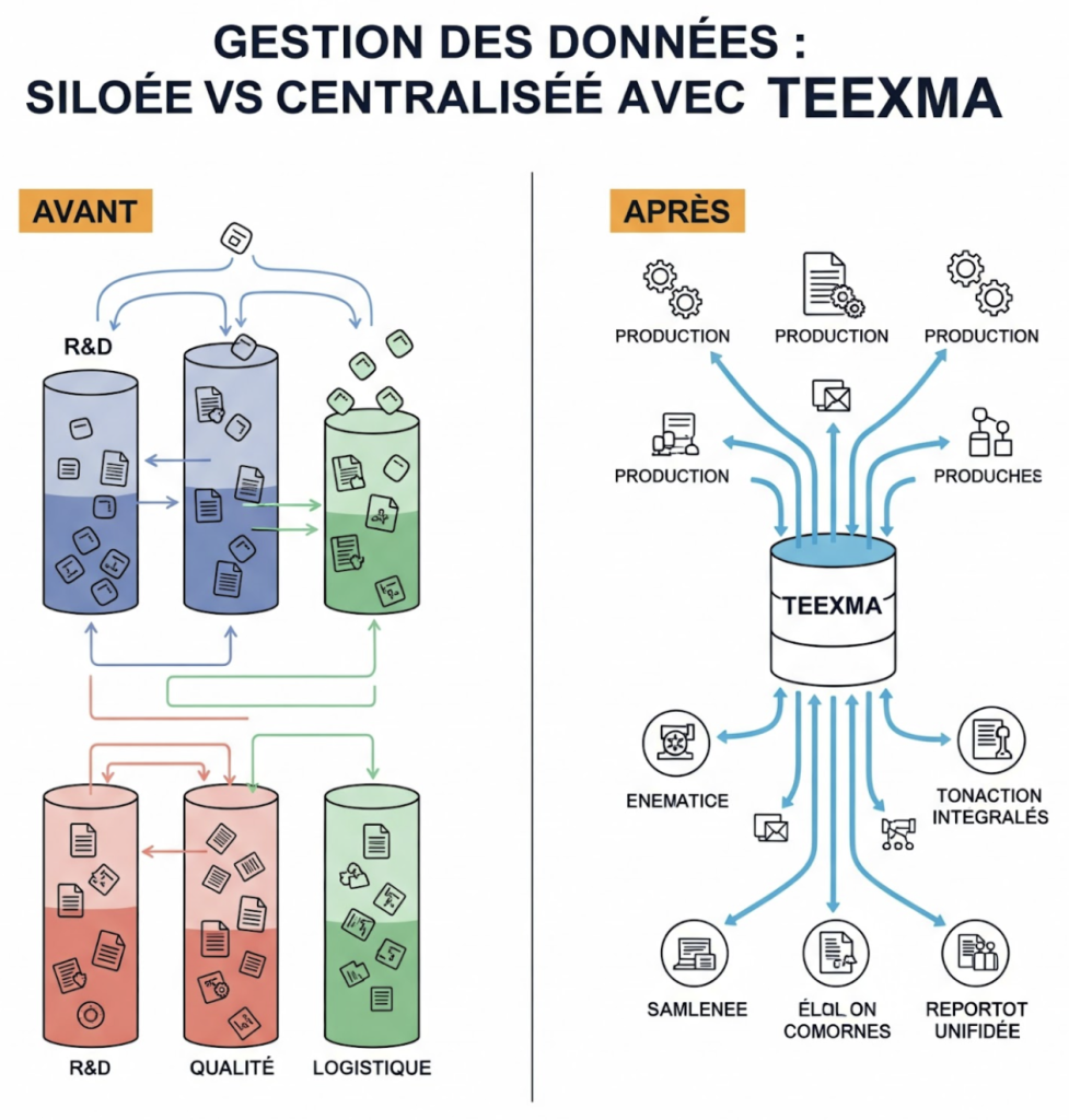 infographie "Avant/Après" montrant la gestion de données silotée vs centralisée avec TEEXMA
