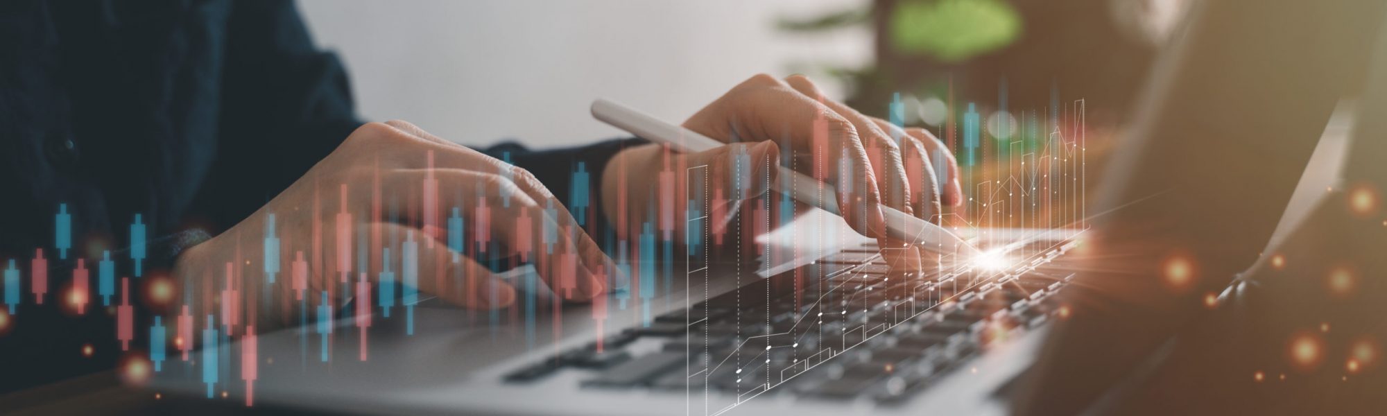 Concept of technology and business investment stock market finance with laptop, annual trading analysis.