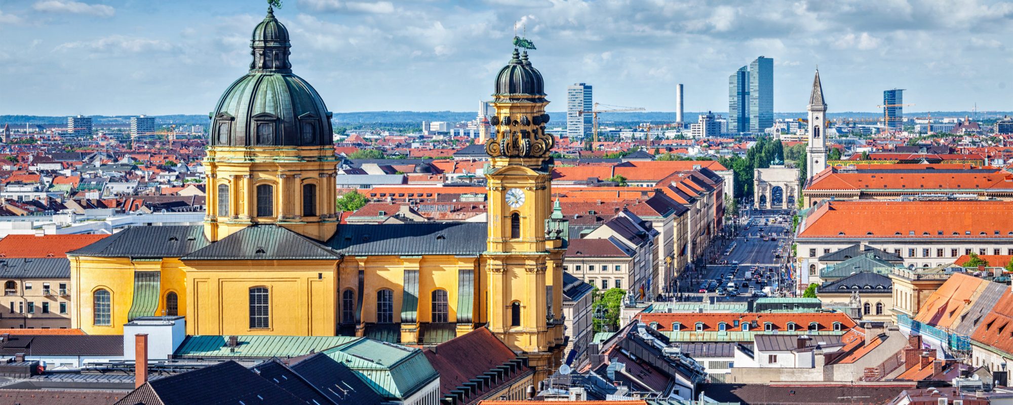 Aerial view of Munich over Theatine Church of St. Cajetan (Theatinerkirche St. Kajetan) and Odeonplatz, Munich, Bavaria, Germany in day time